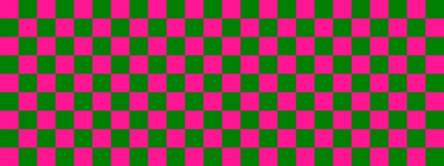Checkerboard banner. Green and Deep pink colors of checkerboard. Small squares, small cells. Chessboard, checkerboard texture. Squares pattern. Background.