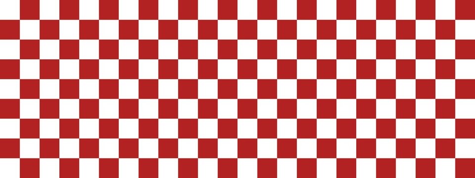 Checkerboard banner. Firebrick and White colors of checkerboard. Small squares, small cells. Chessboard, checkerboard texture. Squares pattern. Background.