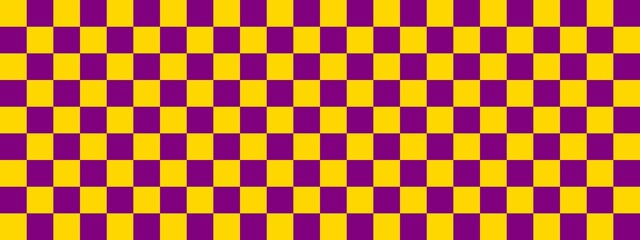 Checkerboard banner. Purple and Gold colors of checkerboard. Small squares, small cells. Chessboard, checkerboard texture. Squares pattern. Background.