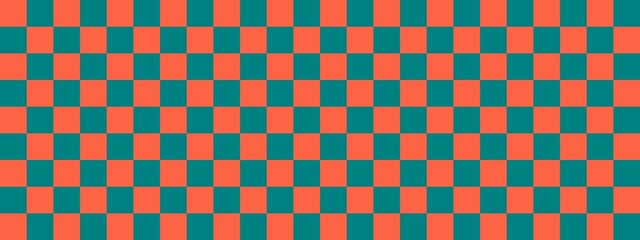 Checkerboard banner. Teal and Tomato colors of checkerboard. Small squares, small cells. Chessboard, checkerboard texture. Squares pattern. Background.