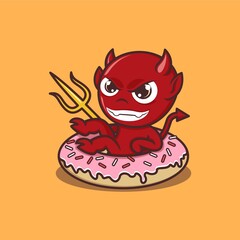 cute cartoon devil with big donut. vector illustration for mascot logo or sticker