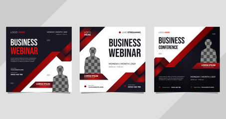 Set of social media templates for Business Webinar, Marketing Webinar business conference and other seminars on black and white background and red ribbon