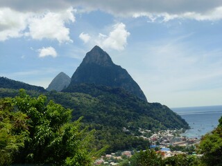 Piton Mountains with the Soufrière town on the West Coast of Saint Lucia, in the eastern Caribbean...