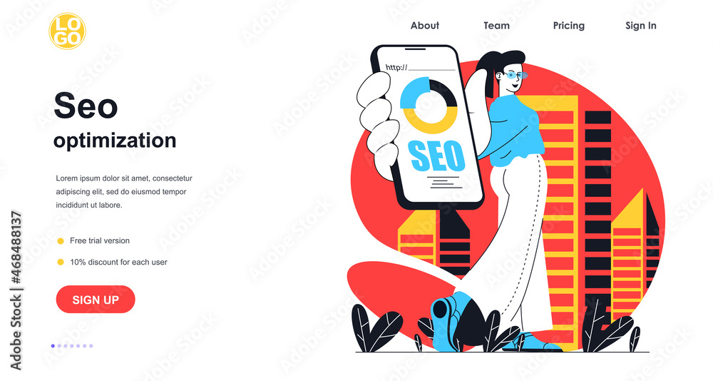 Fototapete seo optimization web banner concept. woman settings search results, optimizes site, analyzes data us