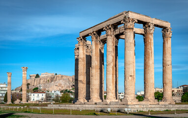 The ruins of the Temple of Olympian Zeus. There are sixteen surviving columns, one of which is...