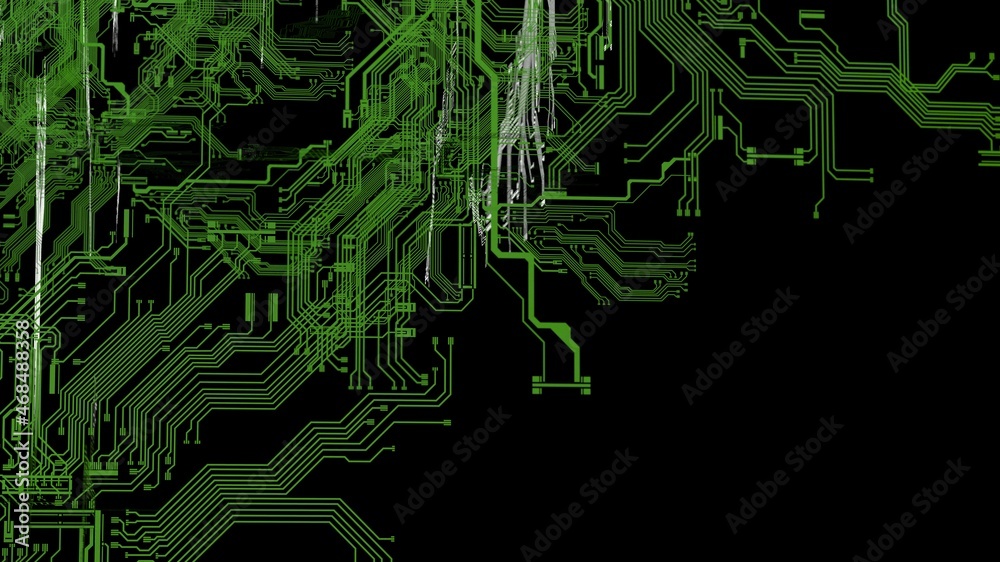 Wall mural circuit technology green line under black background with hi-tech digital data connection system and