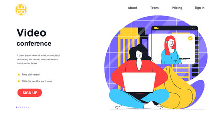 Video conference web banner concept. Woman makes video call using laptop. Online communication with friends and colleagues landing page template. Vector illustration with people scene in flat design