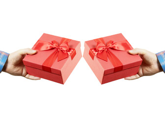 Male hand holding a red gift box on an isolated background. Mirror image