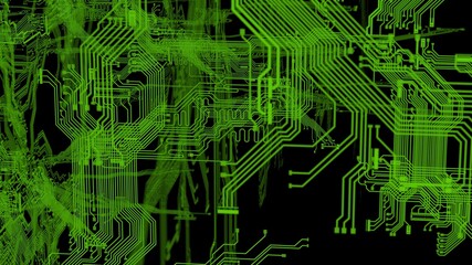 Circuit technology green line under black background with hi-tech digital data connection system and computer electronic desing. 3D illustration. 3D CG.