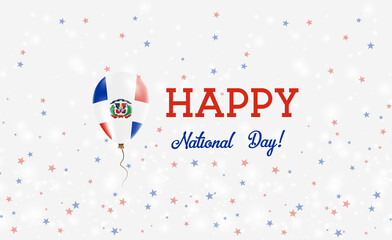 Dominicana National Day patriotic poster. Flying Rubber Balloon in Colors of the Dominican Flag. Dominicana National Day background with Balloon, Confetti, Stars, Bokeh and Sparkles.