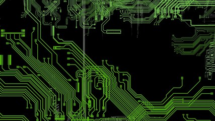 Circuit technology green line under black background with hi-tech digital data connection system and computer electronic desing. 3D illustration. 3D CG.