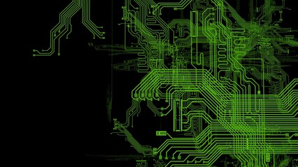 Circuit technology green line under black background with hi-tech digital data connection system and computer electronic desing. 3D illustration. 3D CG.
