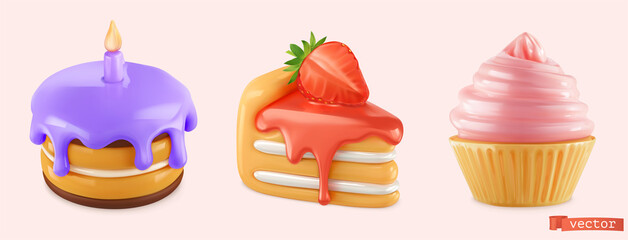Sweet food. Cake, cupcake 3d render realistic vector icon set - 468489941