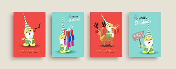 Christmas New Year cute elf cartoon card set