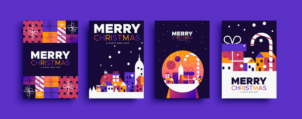 Christmas New Year colorful city house card set