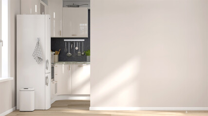 3d rendering mock up picture of a beautiful modern style build-in kitchen cabinet set with a refrigerator and a blank beige wall for home products background. Backdrop, Indoors, Interior, Morning.