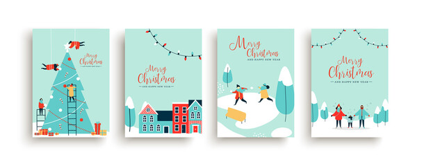 Christmas New Year pine tree people team card set