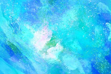 abstract blue background, turquoise, teal, green, and white paint strokes and smears, interior decoration, handcrafted interior painting, modern wallpaper, creative artwork