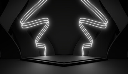 Sci Fi Pedestal, Podium, Place For Product. White Neon Glow. 3D Rendering Image.