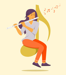 Woman Play Flute While Sit on the Big Musical Note Symbol.