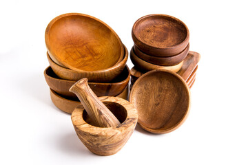 wooden tableware on white background