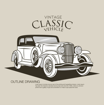 Classic Car Isolated Outline Drawing Vector Illustration.Vintage And Old Style Vehicle.