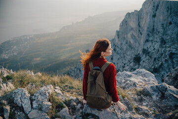 Naklejka premium woman hiker mountains travel rocks freedom lifestyle fresh air