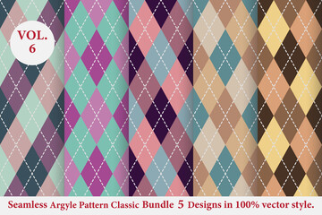Argyle classic Pattern Bundle 5 designs Vol.6,Argyle vector,Seamless argyle pattern,Traditional check print,Fabric texture background,Christmas plaid,Retro background