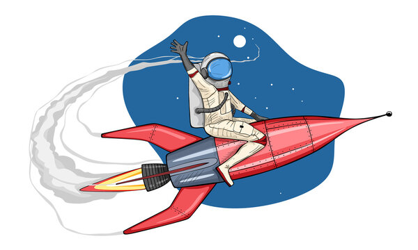 Astronaut sits on rocket. Vector illustration on space background.