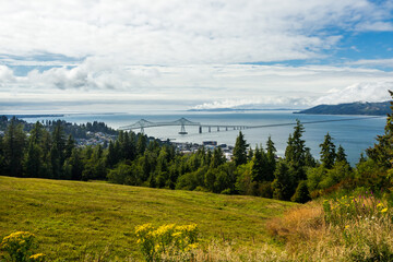Beautiful view at the mouth of Columbia river from Oregon side. Astoria Megler bridge on the background