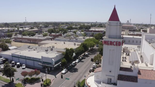 Aerial skyline view of downtown Merced, California, USA.