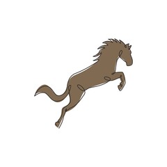 Fototapeta na wymiar Single continuous line drawing of jumping elegant horse company logo identity. Strong mustang mammal animal icon concept. Trendy one line draw graphic vector design illustration