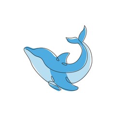 One single line drawing of cute beautiful dolphin for company logo identity. Funny beauty mammal animal mascot concept for circus icon. Modern continuous line draw vector graphic design illustration