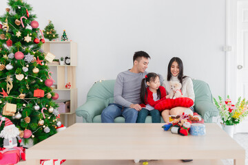 Obraz na płótnie Canvas light and blur people , asian family playing with shih tzu dog in relax time, they sitting on sofa, they feeling happy and smile, child development and family activity, Christmas celebration