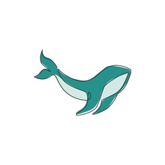 Obraz premium One continuous line drawing of giant whale for water aquatic park logo identity. Big ocean mammal animal mascot concept for environment organization. Single line draw design graphic illustration