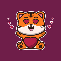 vector illustration of cute tiger 
get heart,  suitable for greeting cards, birthday gifts, stickers, clothes	
