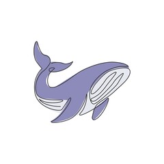 Single continuous line drawing of big whale for marine company logo identity. Big fish mammal animal mascot concept for business logotype. Modern one line draw design illustration vector graphic