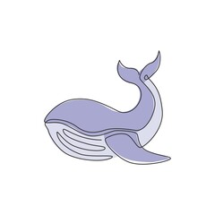 One continuous line drawing of giant whale for water aquatic park logo identity. Big ocean mammal animal mascot concept for environment organization. Trendy single line draw vector design illustration