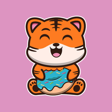 vector illustration of cute tiger 
eat donuts,  suitable for greeting cards, birthday gifts, stickers, clothes	
