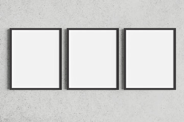 Set of three gray portrait picture frame mockups on terrazzo wall
