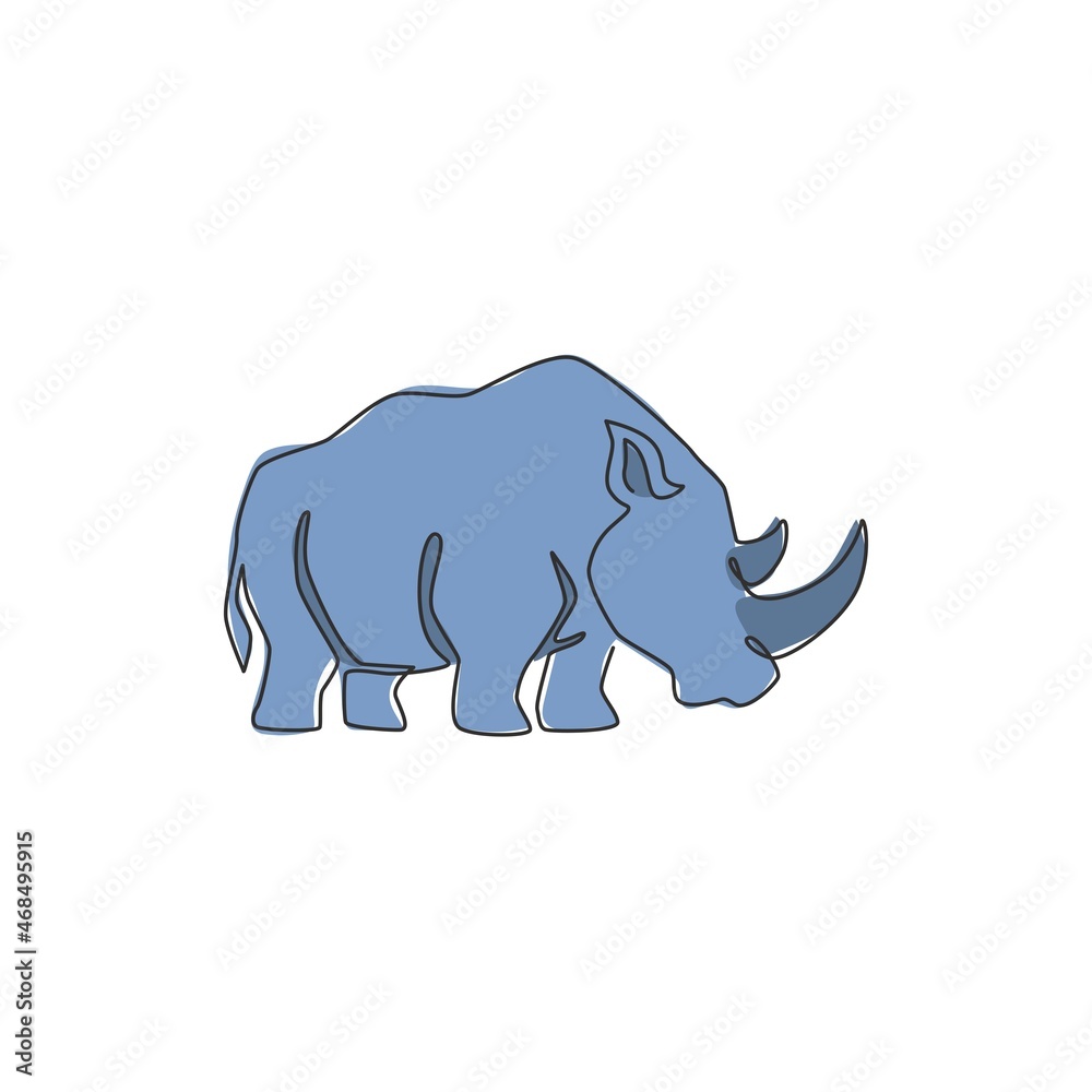 Wall mural one continuous line drawing of strong white rhinoceros for company logo identity. african rhino anim