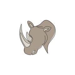 One continuous line drawing of strong white rhinoceros head for company logo identity. African rhino animal mascot concept for national zoo safari. Single line draw design illustration graphic vector