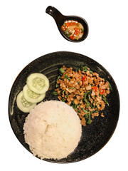 Top view of Rice topped with stir-fried pork and basil.