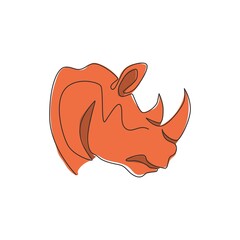 One single line drawing of strong rhinoceros head for conservation national park logo identity. African rhino animal mascot concept for national zoo safari. Continuous line draw design illustration