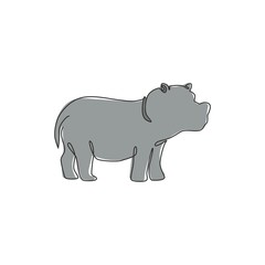 One single line drawing of big cute hippopotamus for kids toy company logo identity. Huge friendly hippo animal mascot concept for national safari zoo. Continuous line draw design vector illustration