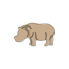 One single line drawing of big cute hippopotamus for kids toy company logo identity. Huge friendly hippo animal mascot concept for national safari zoo. Continuous line draw design vector illustration