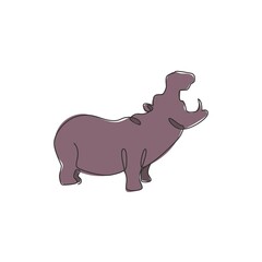 One continuous line drawing of big cute hippopotamus for company logo identity. Huge wild hippo animal mascot concept for national safari zoo. Single line draw graphic vector design illustration