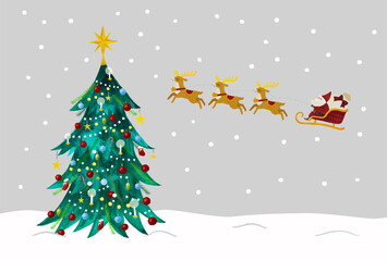 Fototapeta na wymiar 雪とサンタクロースとトナカイと水彩クリスマスツリーのイラスト