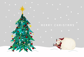 雪とサンタクロースと水彩クリスマスツリーのイラスト
