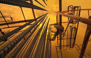 Industrial construction labor worker working on the steel structure area of the high building on the construction site.man work deformed steel rebar structure builder sitework.